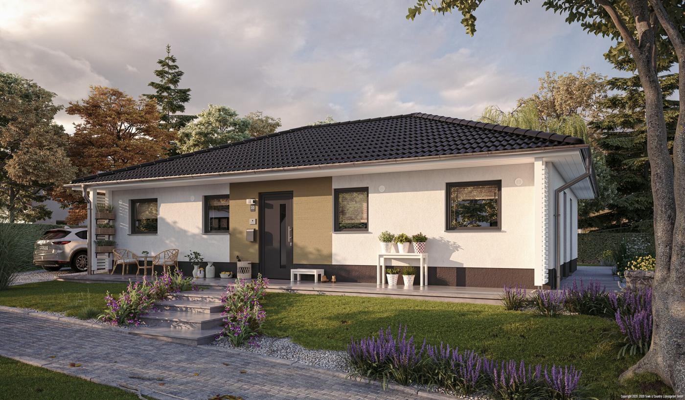 Bungalow 110 mit Walmdach, überdachtem Eingang und Holzakzent an der Fassade