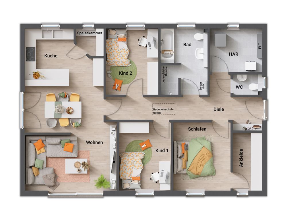 Bungalow 110 Variante A, Grundriss: Wohnen und Essen, Küche mit Speisekammer, Schlafen mit Ankleide, Kind 1 und Kind 2, Bad mit Wanne und bodengleicher Dusche, WC, Hauswirtschaftsraum, Diele