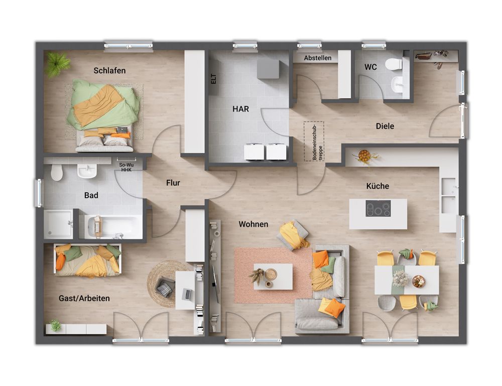 Bungalow 110 Variante B, Grundriss: Wohnen mit offener Küche und Kochinsel, Schlafen, Gast- oder Arbeitszimmer, Bad mit Wanne und Dusche, Abstellraum, WC, Hauswirtschaftsraum, Diele