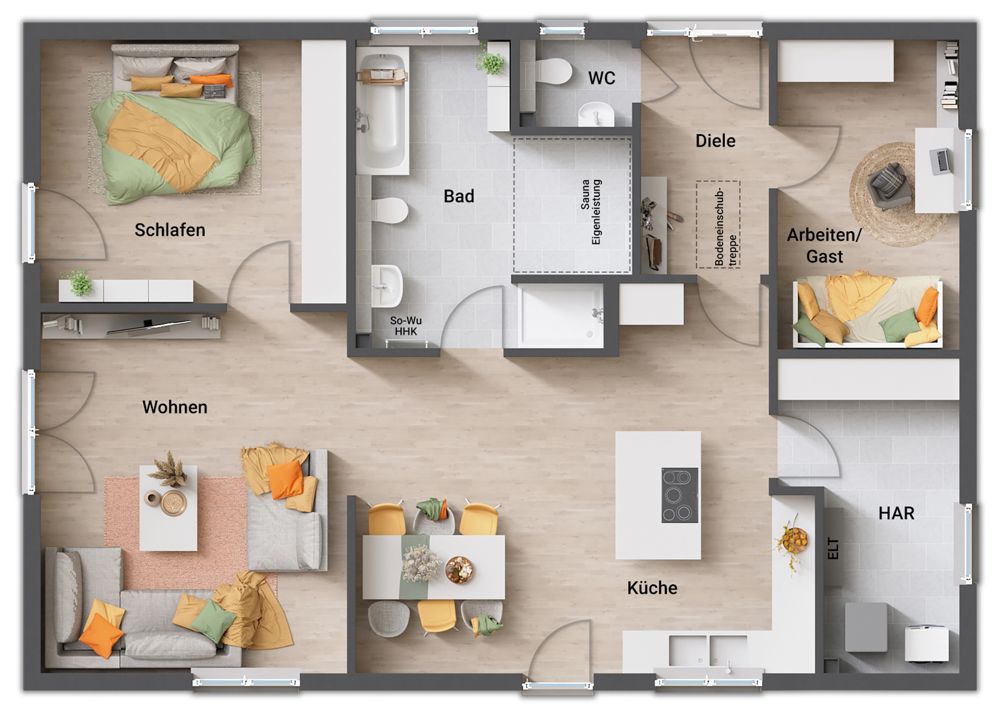 Bungalow 110 Variante C, Grundriss: Großer Wohn-Essbereich mit Kochinsel, Schlafen, Arbeits- oder Gästezimmer, Großes Bad mit Fläche für Sauna (Eigenleistung), WC, Hauswirtschaftsraum, Diele