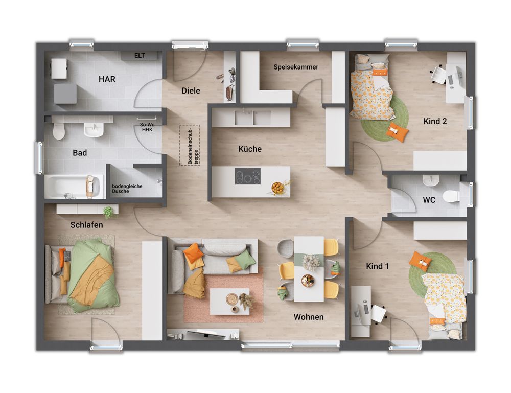 Bungalow 110 Variante D, Grundriss: Wohnen und Essen, offen, Küche mit Kochinsel und Speisekammer, Schlafen, Kind 1 und Kind 2, Bad mit Wanne und bodengleicher Dusche, WC, Hauswirtschaftsraum, Diele