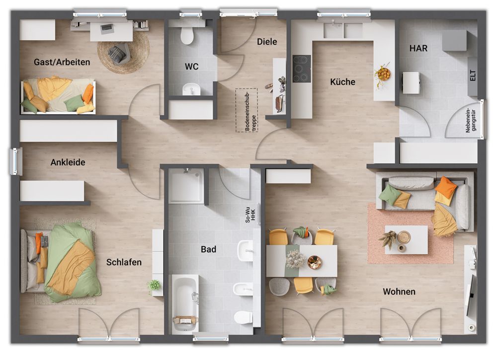Bungalow 110 Variante E, Grundriss: Wohnen und Essen mit zwei Terrassentüren, Küche, Schlafen mit Ankleide, Gast- oder Arbeitszimmer, Bad mit Wanne und Dusche, Hauswirtschaftsraum mit Nebeneingangstür, WC