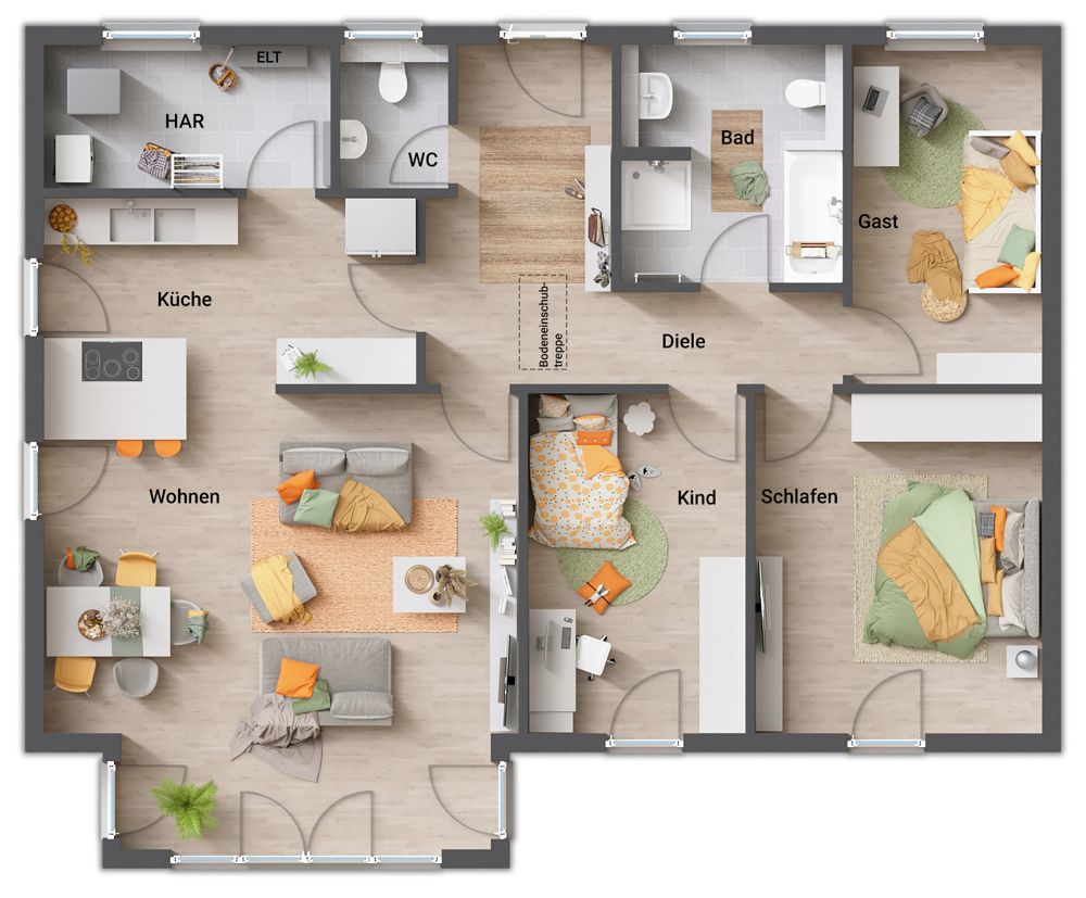 Bungalow 110 Variante F, Grundriss: Wohnen mit Erker zum Garten, Küche mit Kochinsel, Schlafen, Kinderzimmer, Gästezimmer, Bad mit Wanne und Dusche, WC, Hauswirtschaftsraum