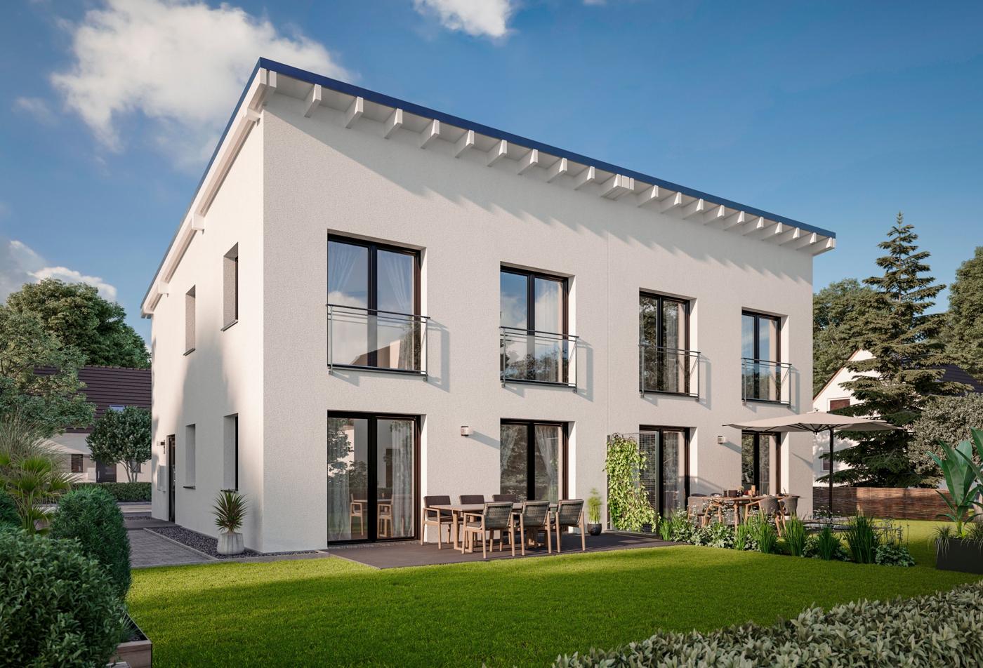Doppelhaus Linz 110: Gartenseite mit zwei Terrassen, bodentiefen Fenstern und Pultdach