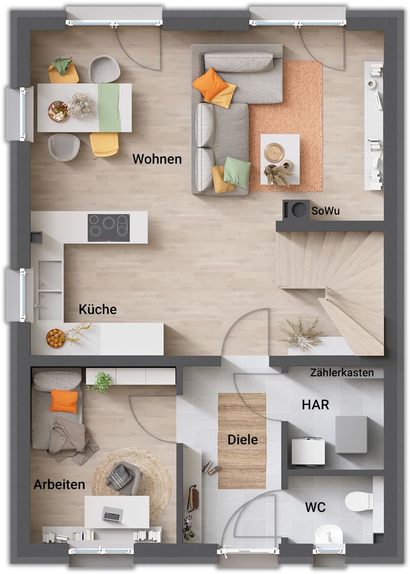 Grundriss Erdgeschoss Stadthaus 110: Wohnen, Küche, Arbeiten, Diele, Hauswirtschaftsraum, WC