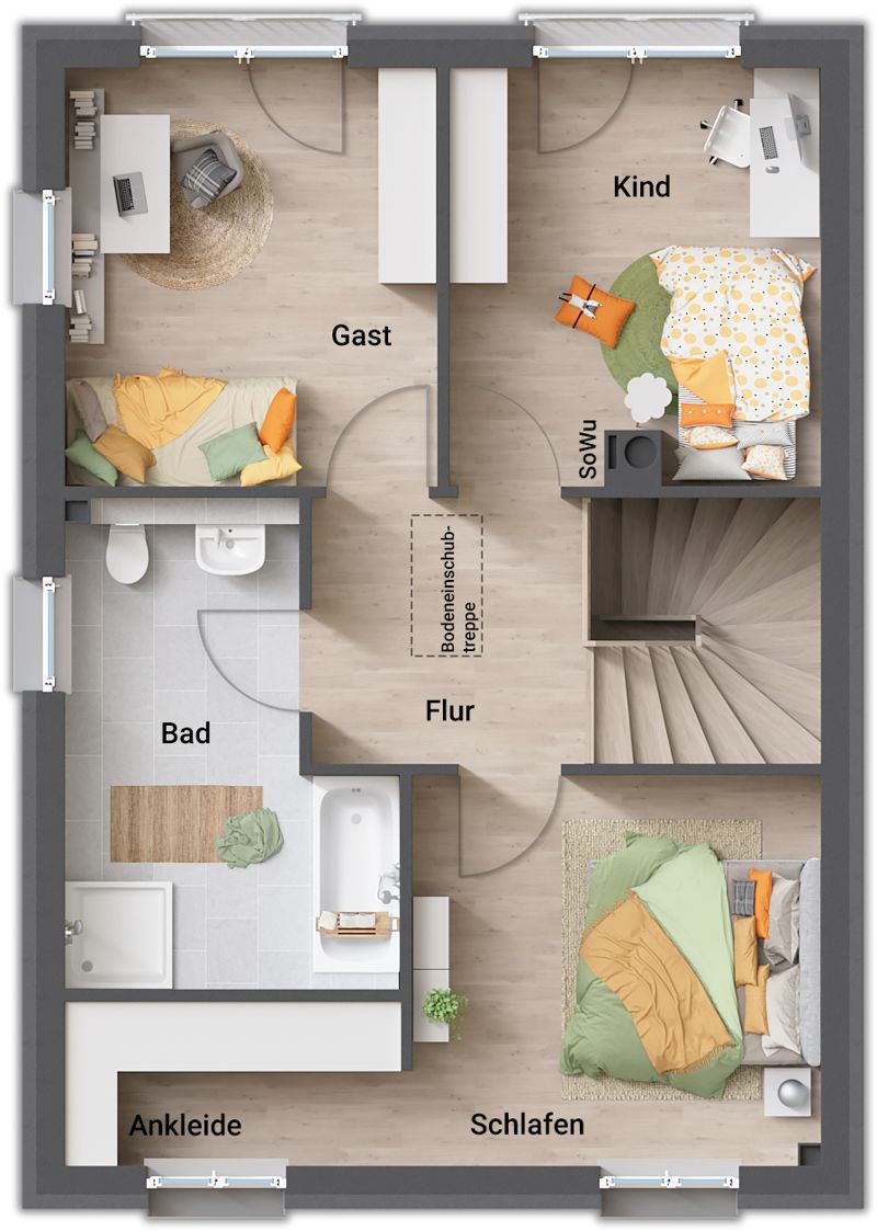 Grundriss Obergeschoss Stadthaus 110: Schlafen mit Ankleide, Kind, Gast, Bad