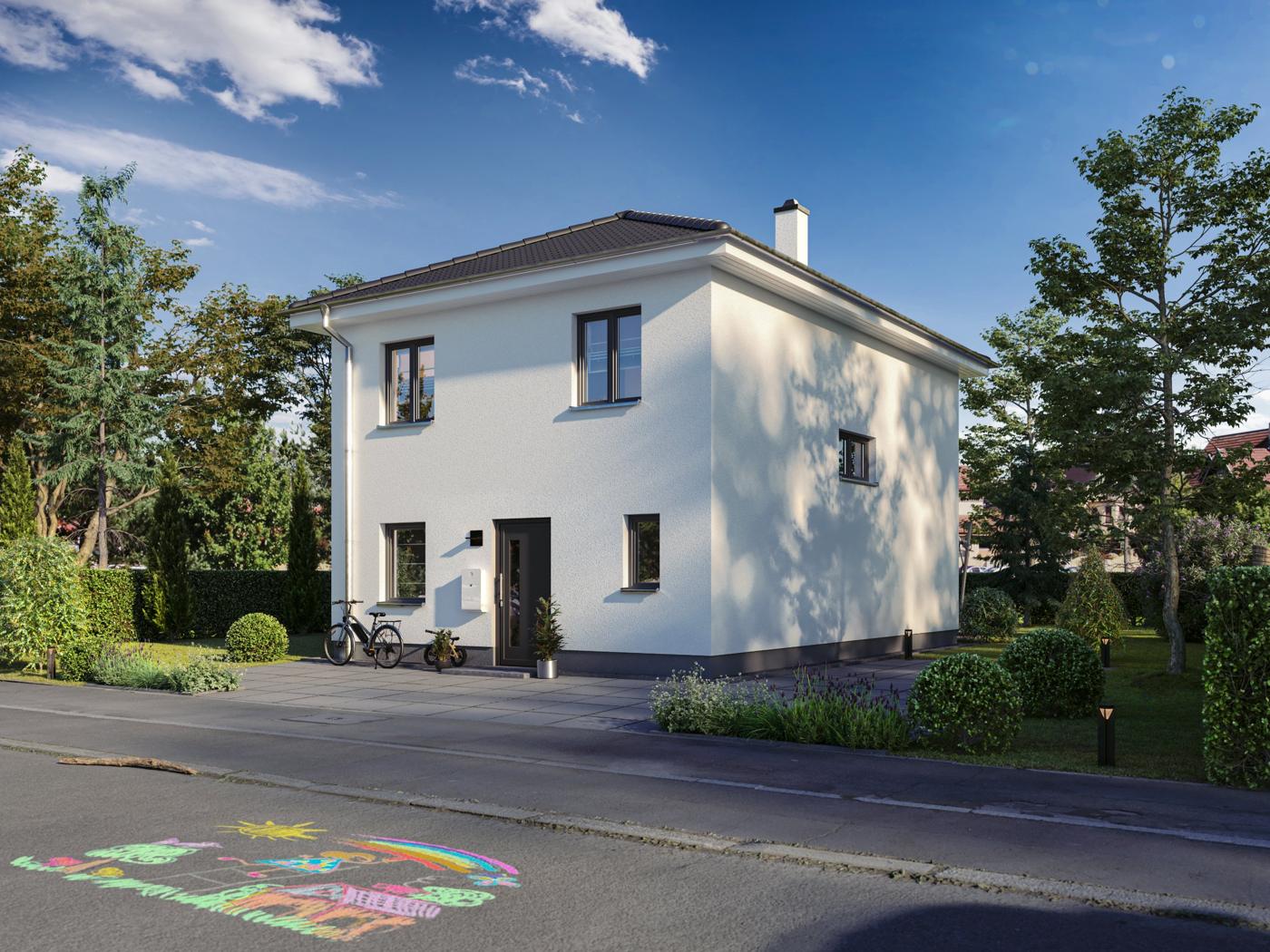 Stadthaus 110 Straßenansicht mit weißer Putzfassade und Walmdach