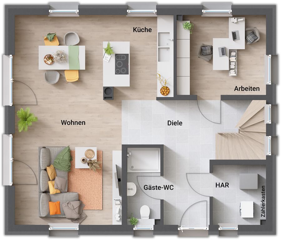 Grundriss Erdgeschoss Stadtvilla 137: Wohnen, Küche mit Kochinsel, Arbeiten, Diele, Gäste-WC mit Dusche, Hauswirtschaftsraum