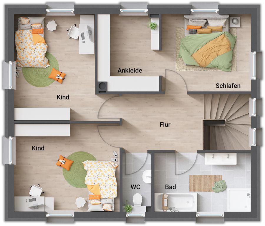 Grundriss Obergeschoss Stadtvilla 137: Schlafen mit Ankleide, zwei Kinderzimmer, Bad, separates WC