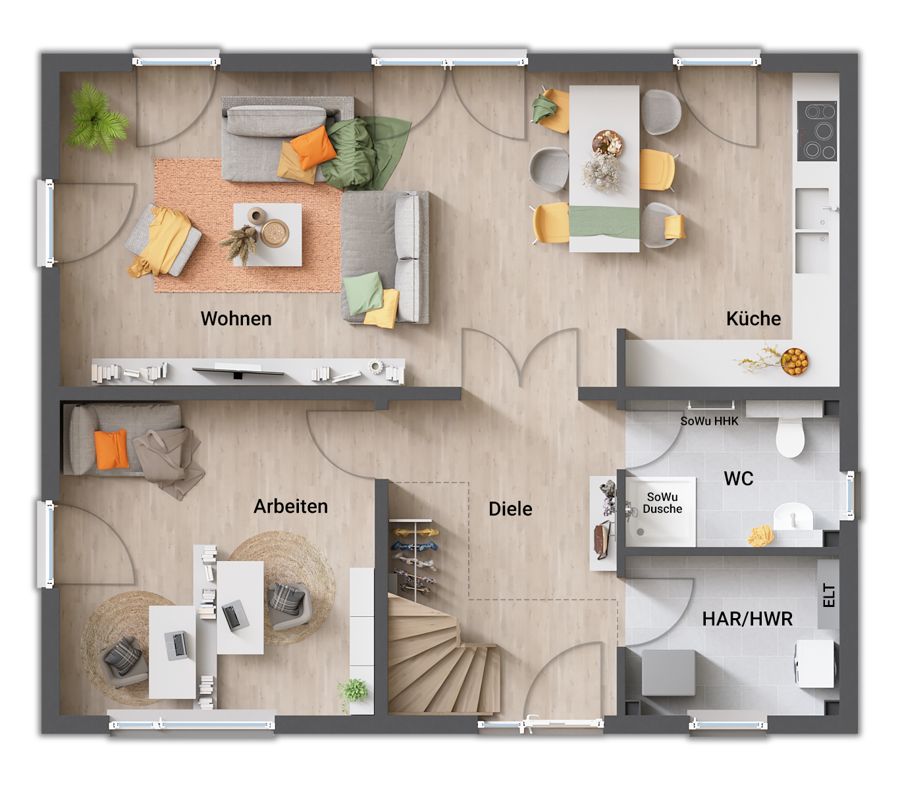 Stadtvilla 154 Variante A, Grundriss Erdgeschoss: Wohnen und Essen, offen, Küche, Arbeitszimmer, Diele, WC mit Dusche, Hauswirtschaftsraum