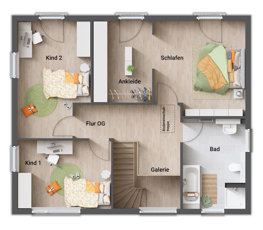 Stadtvilla 154 Variante A, Grundriss Obergeschoss: Schlafen mit Ankleide, Kind 1 und Kind 2, Bad mit Wanne und Dusche, Galerie über der Treppe