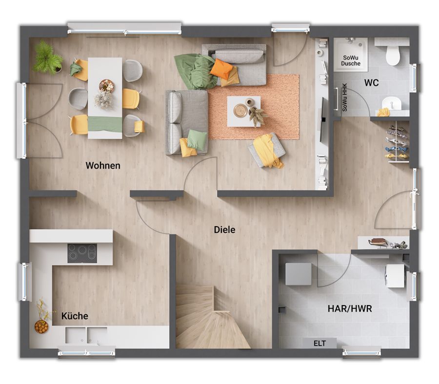 Stadtvilla 154 Variante B, Grundriss Erdgeschoss: Großer Wohn- und Essbereich, Separate Küche, Diele mit Garderobe, WC mit Dusche, Hauswirtschaftsraum