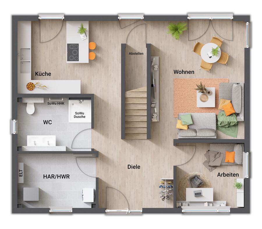 Stadtvilla 154 Variante C, Grundriss Erdgeschoss: Küche mit Kochinsel, offen zum Wohnen, Arbeitszimmer, Abstellraum unter der Treppe, WC mit Dusche und Doppelwaschtisch, Hauswirtschaftsraum