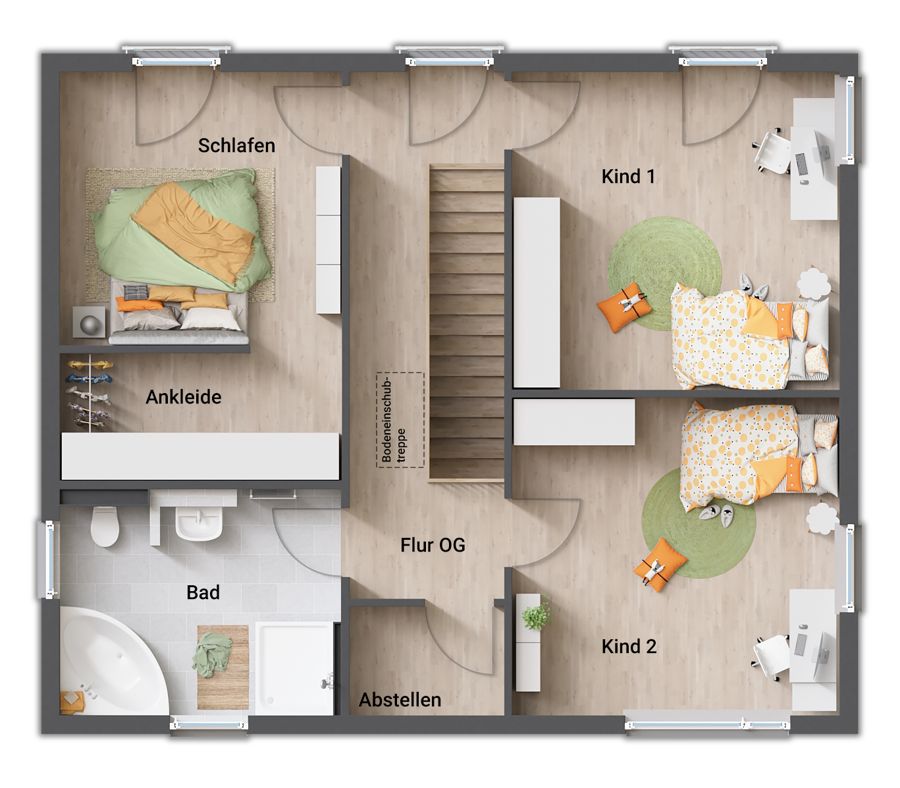 Stadtvilla 154 Variante C, Grundriss Obergeschoss: Schlafen mit Ankleide, Kind 1 und Kind 2, Bad mit Eckwanne und Dusche, Abstellraum